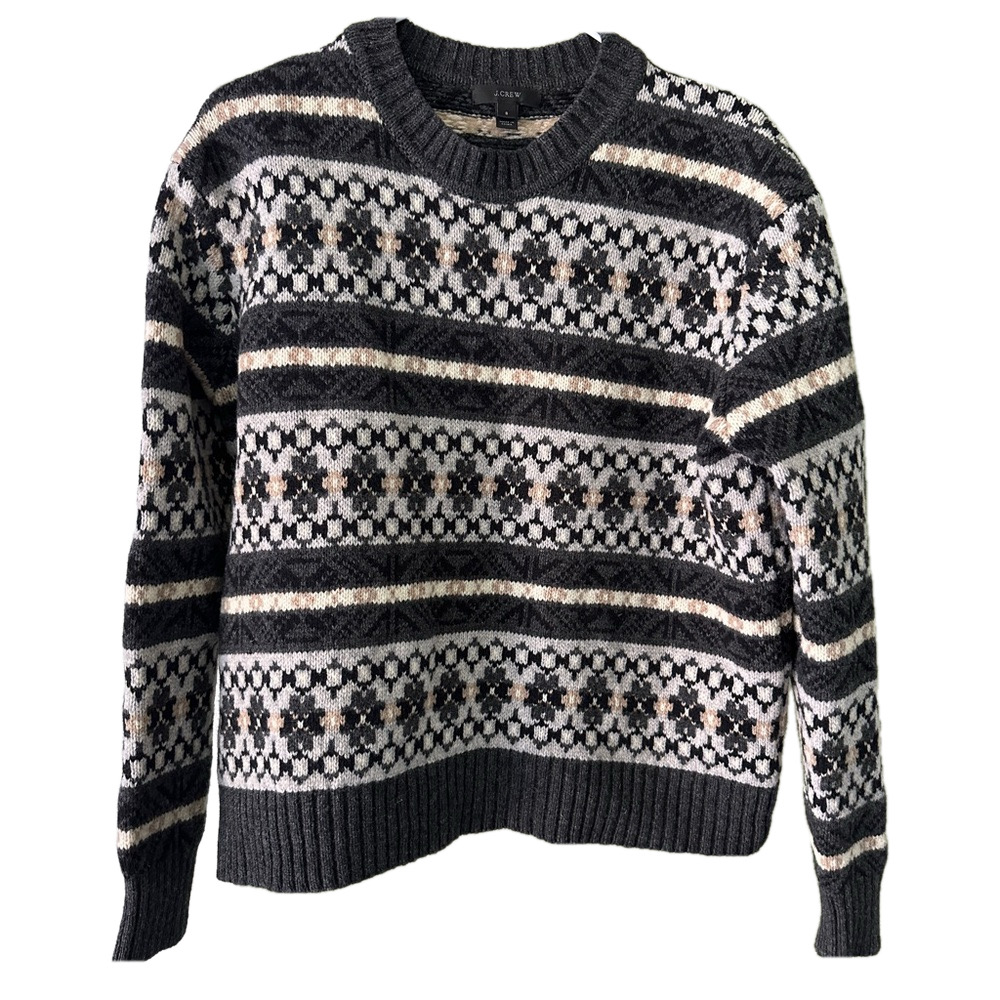 J.Crew Women's 100% Lambswool Classic Fair Isle Gray & White  Sweater  Size S